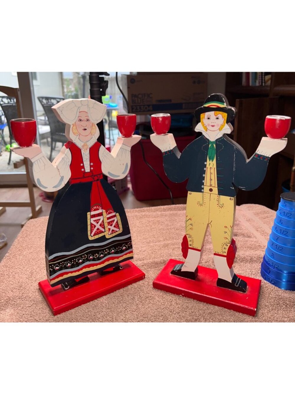 Vintage Pair Hand-Painted IKEA Scandinavian Wooden Candle Holders Red Base